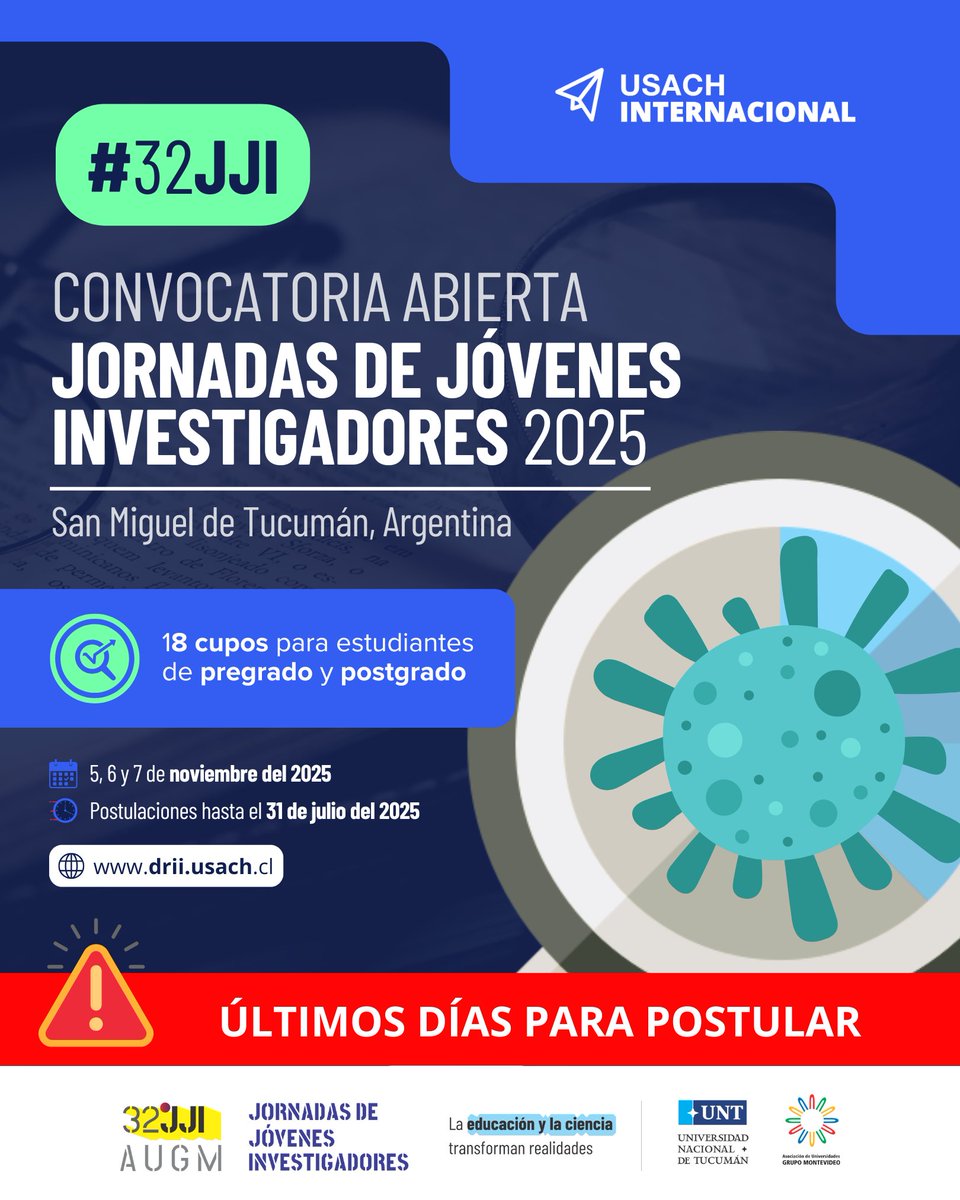 Invitamos a estudiantes de pre y postgrado con investigaciones que hayan terminado durante sus estudios en la #Usach (o que al menos cuenten con resultados parciales) a postular a las 32° Jornadas de Jóvenes Investigadores de #AUGM. 🇦🇷 

ℹ️ lnkd.in/dQn84hQV