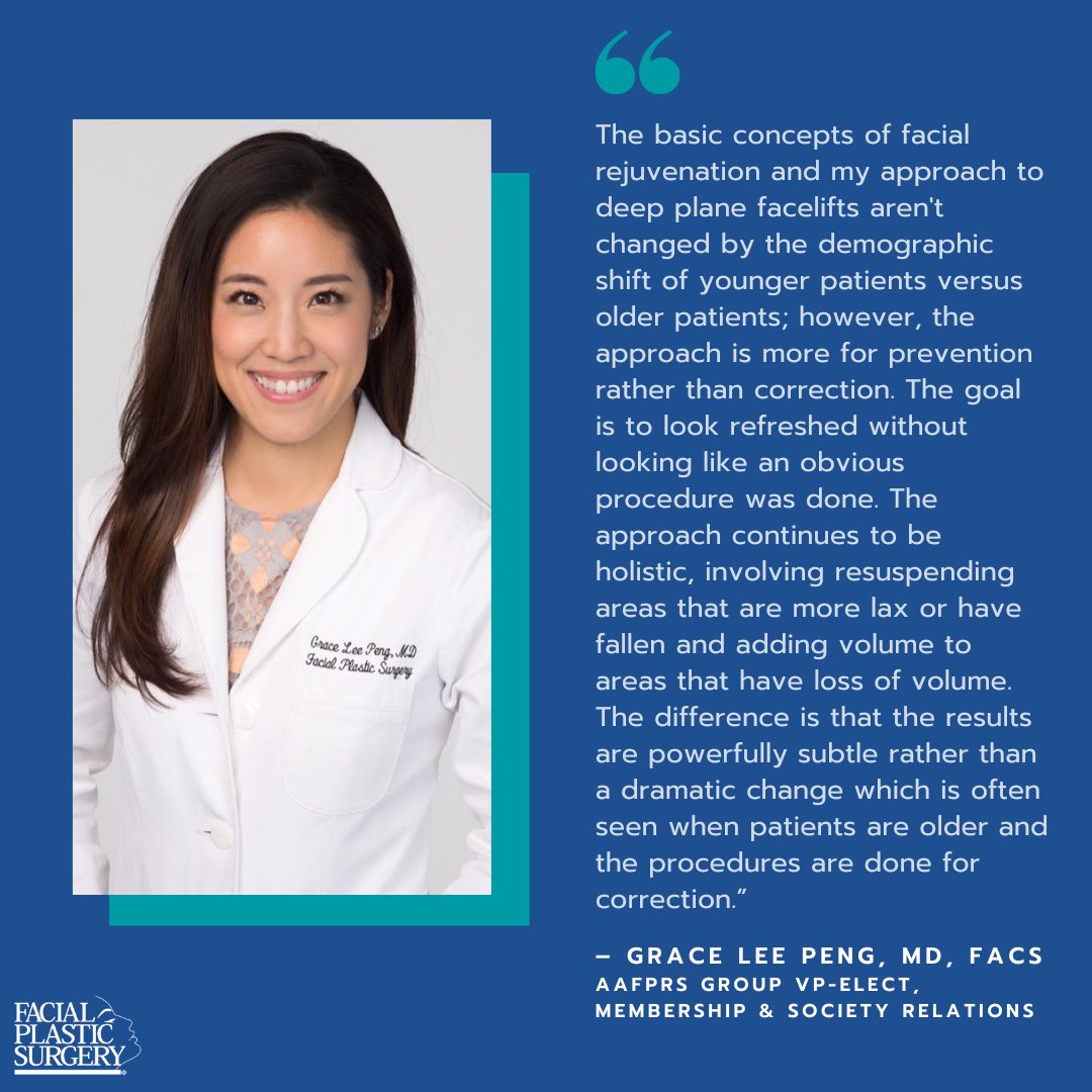 FacialPlasticSurgery (@aafprs) on Twitter photo More patients 30s-50s are exploring facelifts & facial rejuvenation. “While most are looking for complete facial rejuv., from the brows to the eyes to the face & neck, common minimally invasive procedures have the goal of skin improvement & facial revolumization." -Dr. Grace Peng More patients 30s-50s are exploring facelifts & facial rejuvenation. “While most are looking for complete facial rejuv., from the brows to the eyes to the face & neck, common minimally invasive procedures have the goal of skin improvement & facial revolumization." -Dr. Grace Peng