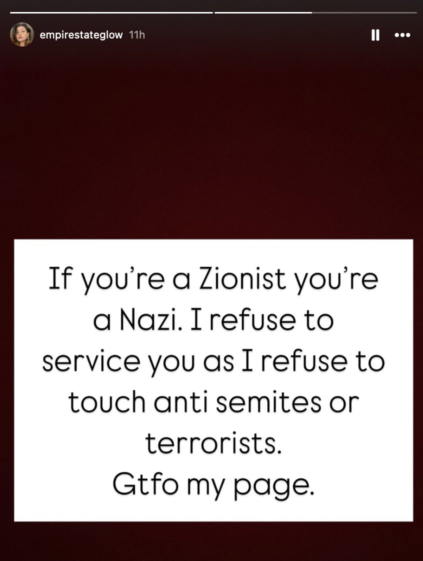 stopdontshoporg's tweet image. NYC - Empire State Glow (163 West 22nd Street) owner Anya calls Zionists (i.e. 95%+ of Jews globally) "Nazis" and refuses to service them.
This discriminatory behavior must never be tolerated in your state @NewYorkStateAG @GovKathyHochul