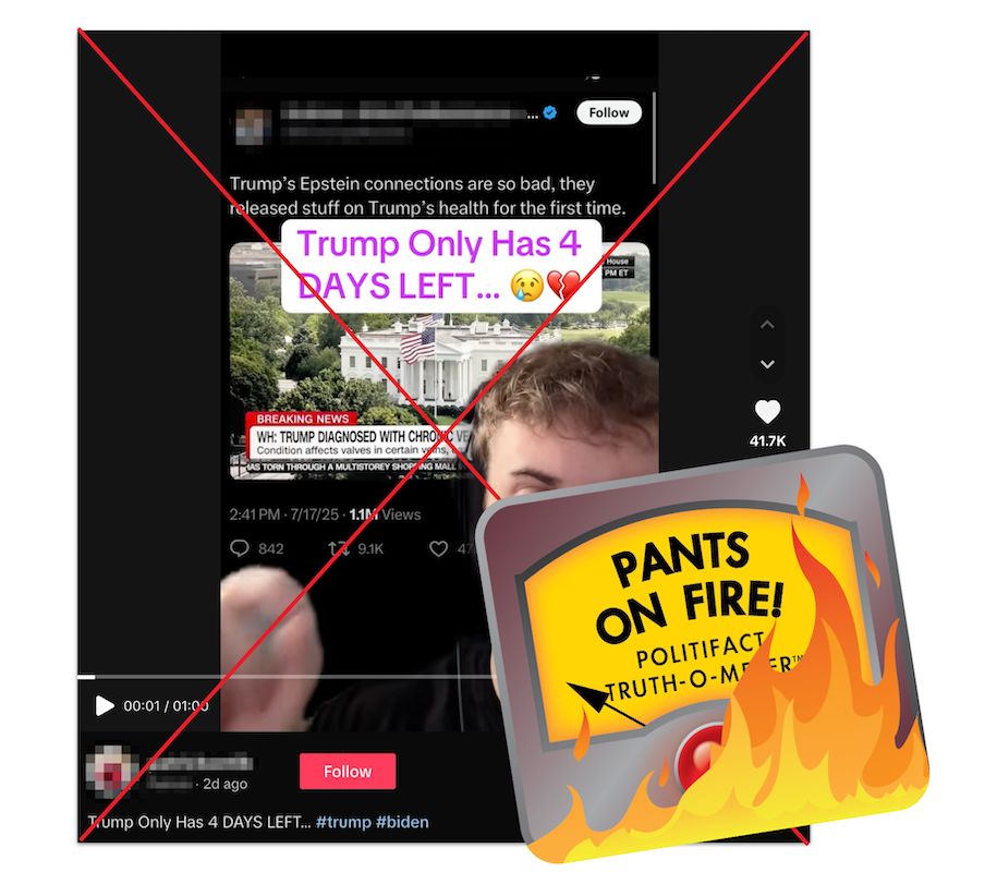 PolitiFact's tweet image. On July 17, the White House announced President Donald Trump was diagnosed with chronic venous insufficiency, which can cause leg swelling. Doctors and medical resources say the condition is common and usually not life threatening. buff.ly/q4YqVPr