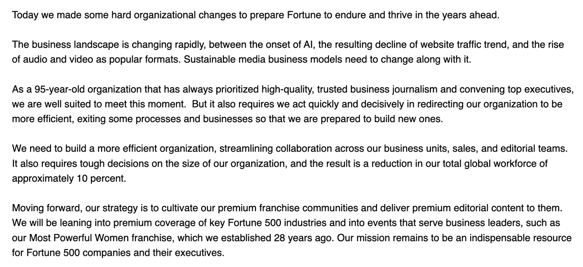 katie_robertson's tweet image. Fortune CEO Anastasia Nyrkovskaya, who has been in the role since April, announced a 10% staff cut today, blaming AI, declining web traffic and the growing popularity of audio and video