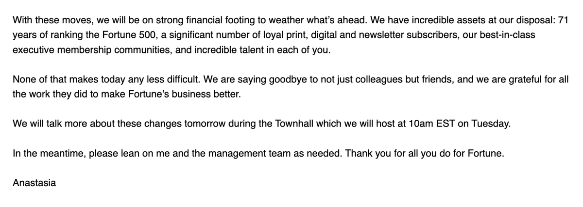 katie_robertson's tweet image. Fortune CEO Anastasia Nyrkovskaya, who has been in the role since April, announced a 10% staff cut today, blaming AI, declining web traffic and the growing popularity of audio and video