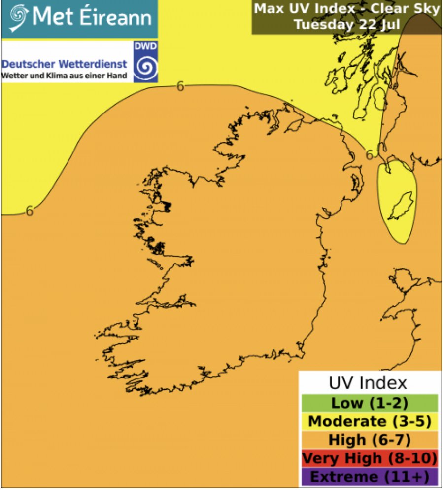 MetEireann's tweet image. #UV index for Tuesday, the 22nd of July:
High in clear skies ☀️
Low to moderate in cloudy skies ☁️
Ensure you are #SunSmart by protecting your skin and eyes from the sun, even if it's cloudy, and remain vigilant around water.
More info 👇
met.ie/uv-index