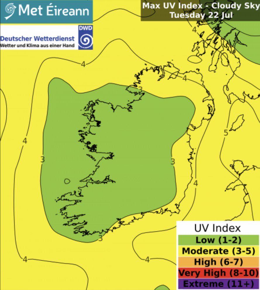 MetEireann's tweet image. #UV index for Tuesday, the 22nd of July:
High in clear skies ☀️
Low to moderate in cloudy skies ☁️
Ensure you are #SunSmart by protecting your skin and eyes from the sun, even if it's cloudy, and remain vigilant around water.
More info 👇
met.ie/uv-index