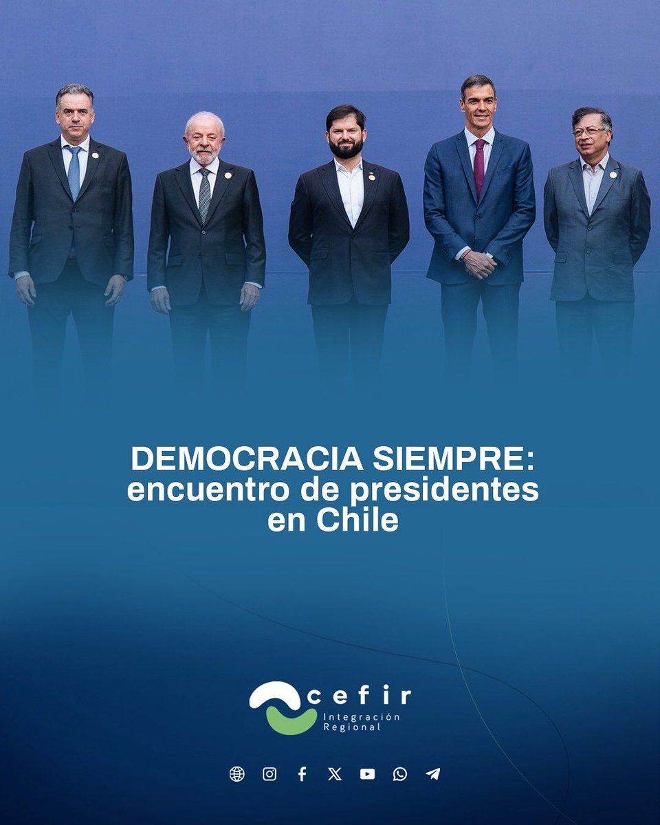 🤝 En un encuentro de Presidentes en Chile encabezado por <a href="/GabrielBoric/">Gabriel Boric Font</a>, participaron a sus pares de Brasil, <a href="/LulaOficial/">Lula</a>; de España, <a href="/sanchezcastejon/">Pedro Sánchez</a>; de Colombia, <a href="/petrogustavo/">Gustavo Petro</a>; y de Uruguay, <a href="/OrsiYamandu/">Yamandú Orsi</a> 

cefir.org.uy/democracia-sie…