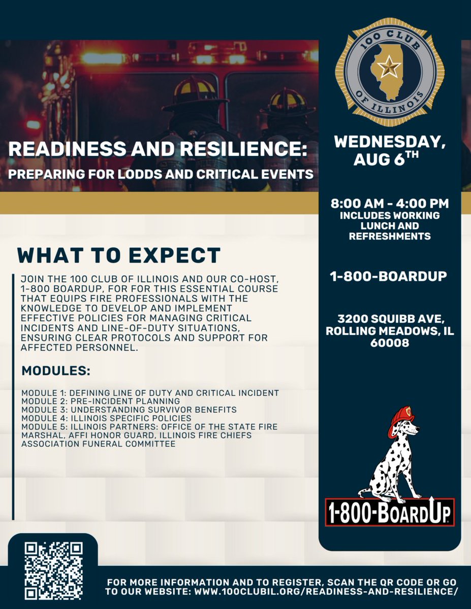 Join the 100 Club of Illinois and 1-800BoardUp for a vital, free training on managing critical incidents and line-of-duty situations, open to all fire professionals.
#IllinoisFire #100ClubIL 

100clubil.org/readiness-and-…
