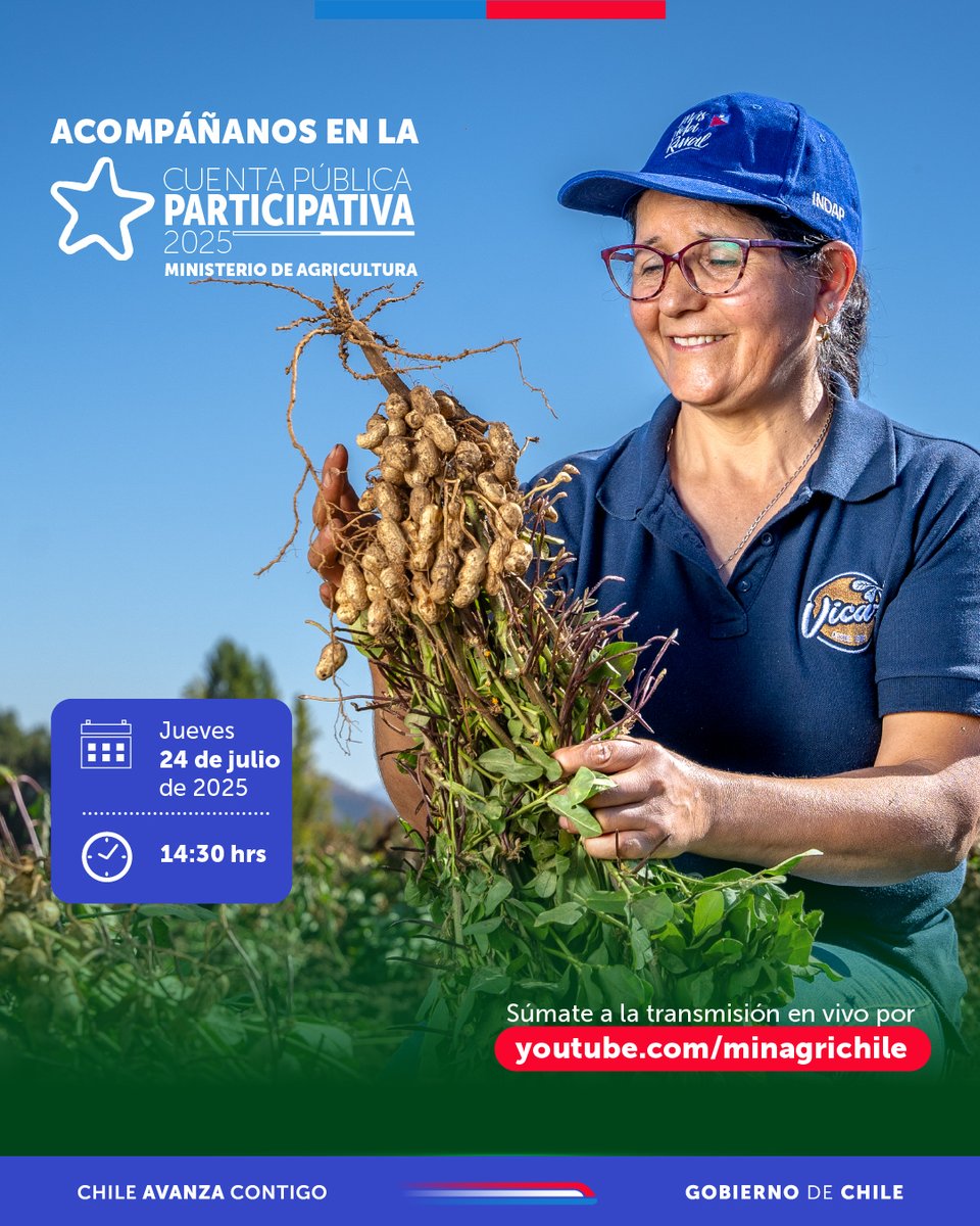 ¡Sé parte de la #CuentaPública2025 del @minagricl! 🌾✨

📺 Únete a la transmisión en vivo, el próximo jueves 24 de julio desde las 14:30 hrs. a través de nuestra cuenta de YouTube, para conocer los principales logros de la gestión ministerial en la construcción de una