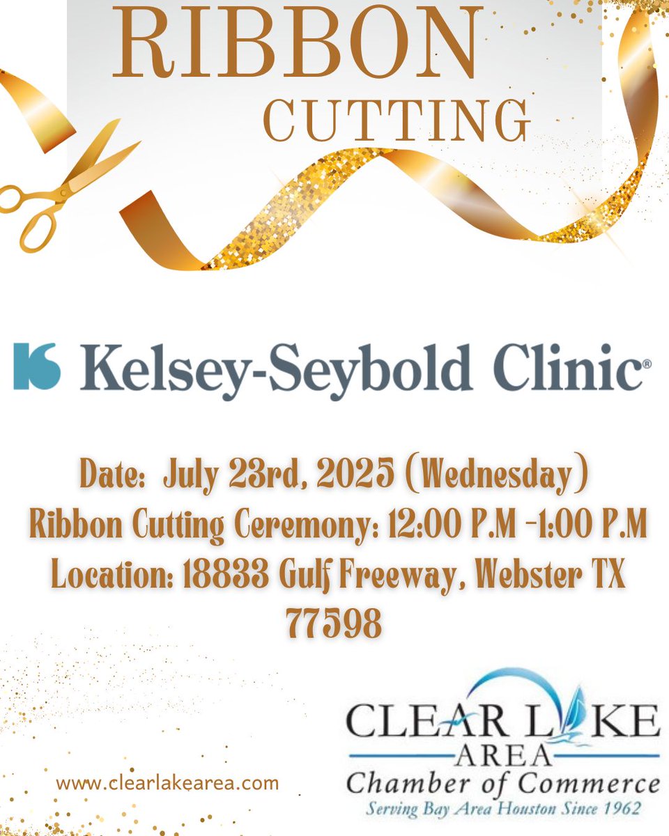 clacctx's tweet image. Please join us as we celebrate the opening of the Kelsey-Seybold Bay Area Campus Cancer Center with a ribbon cutting! 🎉
📅 Date: July 23, 2025
🕛 Time: 12:00 PM - 1:00 PM
📍 Location: 18833 Gulf Freeway, Webster, TX 77598
See you there!