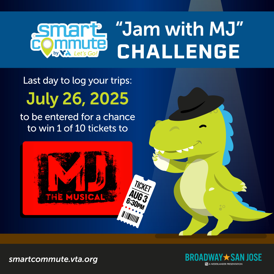 Ride the boogie, share that beat of love...and your commute! 🎶🚉 
Log 10 SmartCommute trips before July 26, 2025, for a chance to win an MJ The Musical ticket! 🎟️
Act fast! Head to vta.org/smart before it’s too late.  
#HelloVTA #SmartCommuteChallenge #MJMusical