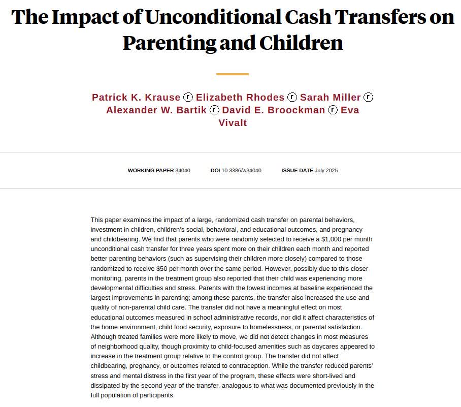 nberpubs's tweet image. An unconditional cash transfer improved parenting quality and investments in children, but did not appear to improve children's outcomes in the short-term, from @pat_k_krause, @elizabethrds, @smilleralert, @alexbartik, @dbroockman, and @evavivalt nber.org/papers/w34040