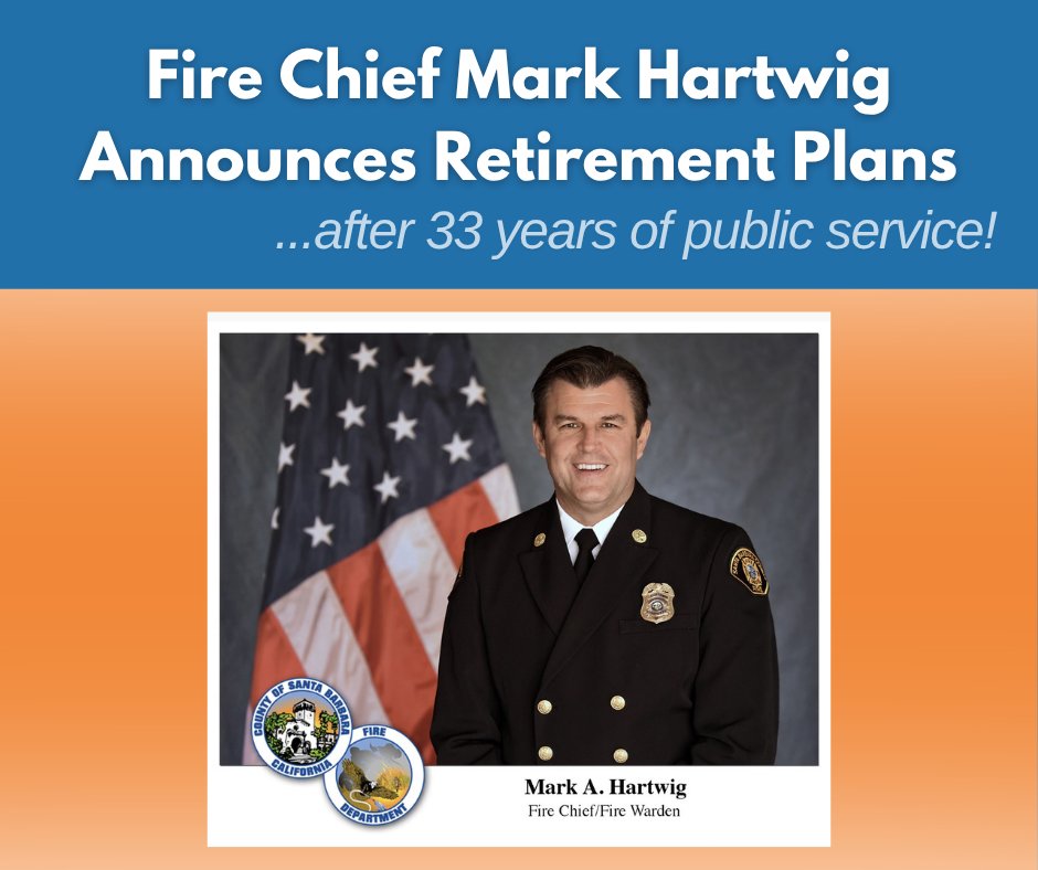 countyofsb's tweet image. Santa Barbara County Fire Chief Mark Hartwig has announced he plans to retire at the end of the year. Chief Hartwig has 33 years of public service and has been with the County since 2019. Thank you, Chief Hartwig!
To read more about Chief Hartwig visit: countyofsb.org/3374/Press-Rel…