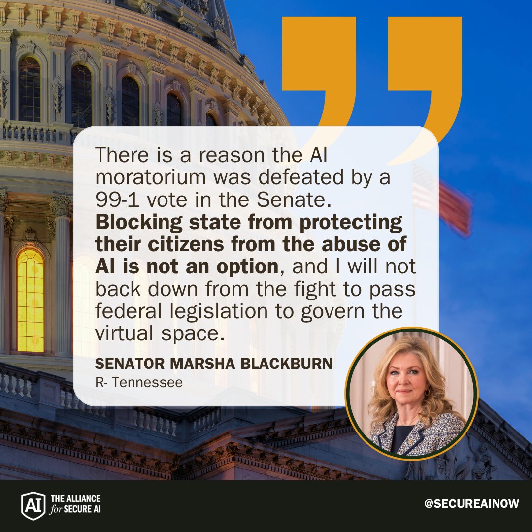 secureainow's tweet image. "Blocking state from protecting their citizens from the abuse of AI is not an option"
@MarshaBlackburn says she will not back down from the fight to safeguard AI. 👏👏