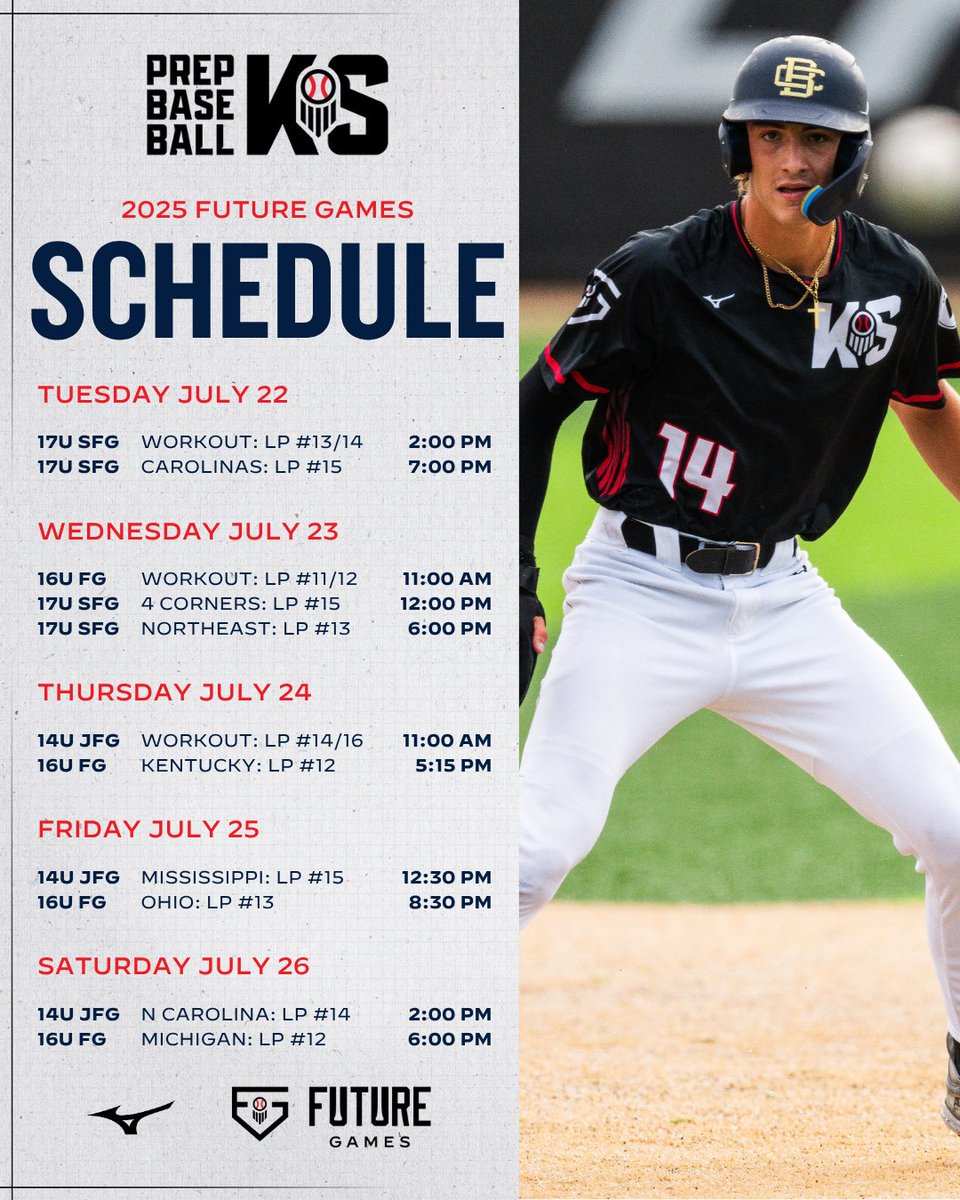 𝐎𝐍𝐄 𝐌𝐎𝐑𝐄 𝐃𝐀𝐘 ⌛

An action packed week ahead for our Kansas teams at the 2025 Prep Baseball Future Games ⬇️

#PBFG25 // #PBSFG25 // #PBJFG25
