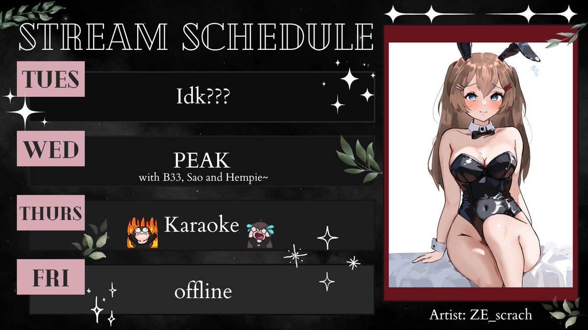 BarleyB0's tweet image. Schedule for this week c:
yapping or something on tuesday
wednesday im super excited to collab w some homies again~
oh and uhhhh rly bad karaoke on Thursday as a thank you for all the charity donations &lt;3