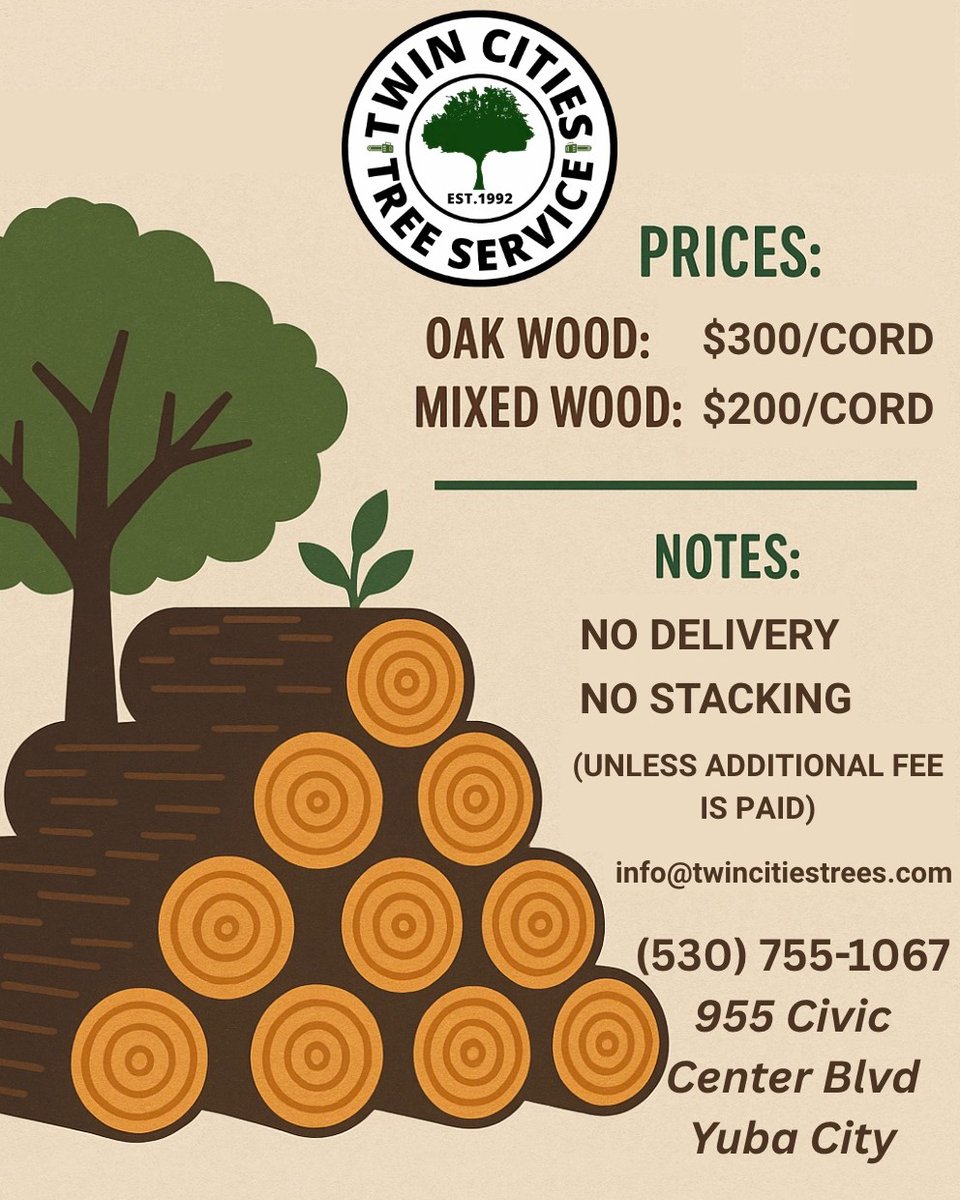 TwinCities_Tree's tweet image. 🔥 Firewood Season is Here! 🔥
Chilly nights are coming—stock up now with seasoned firewood from Twin Cities Tree Service! Available for pickup or delivery.
📞 Call for pricing: (530) 755-1067
#FirewoodSeason #TwinCitiesTreeService #YubaCityFirewood #StayWarm