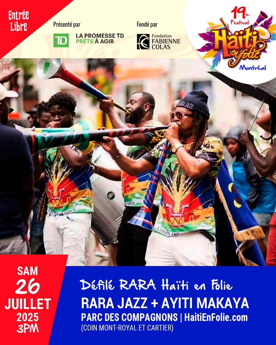 Fabiennecolas's tweet image. L'été, c'est Festival @HaitiEnFolie à #Montréal!
Joignez-moi:
19e Festival @HaitiEnFolie
Mer 23 juillet au Dim 27 juillet 2025
Présenté par @TD_Canada @Banque_TD
Entrée libre! #YounDilot #MapTannNouTout
Info & prog: HaitiEnFolie.com
#HEF25 #HaitiEnFolie #AyitiLaPirèd