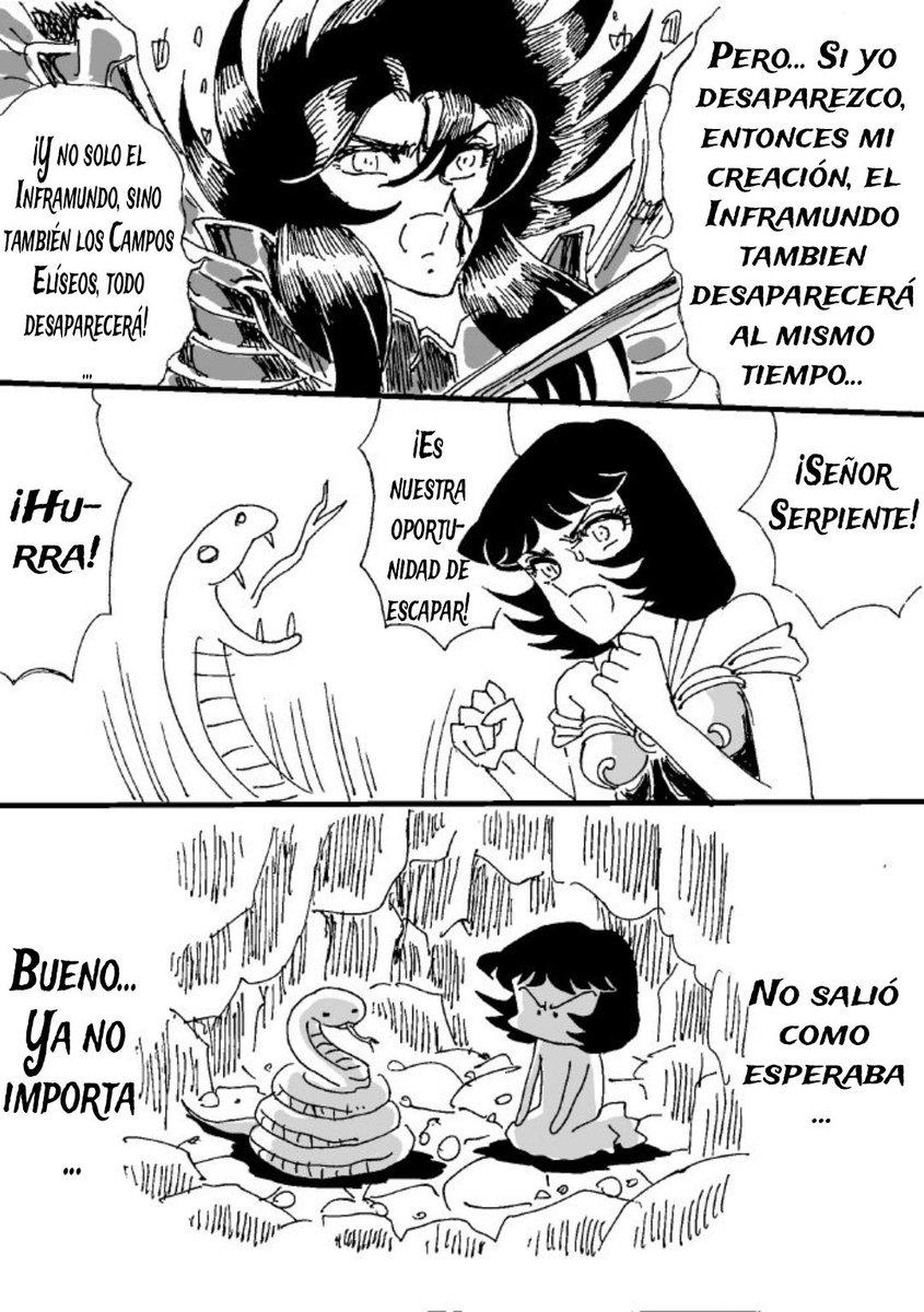 universosaintse's tweet image. Tsunakan Suda publicó una nueva tira cómica, sobre un paralelismo de la destrucción del Inframundo y los Campos Elíseos con respecto a Lustitia que planea escapar del abismo del Inframundo (Tártaro) junto al espíritu de Asclepius.
Créditos Cuchiamigo del Zodiaco