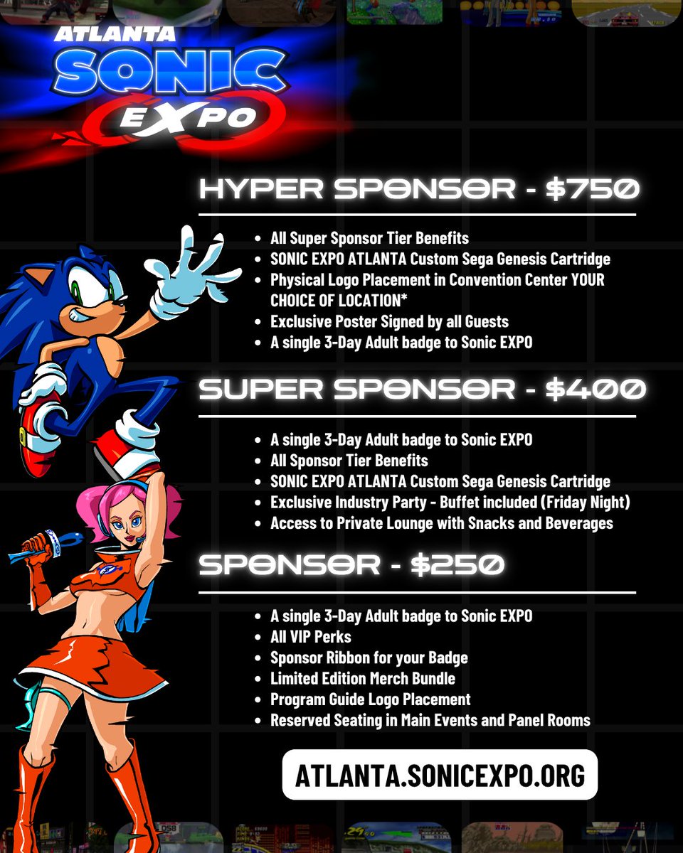 Sonic EXPO: Atlanta (@sonicexpoatl) on Twitter photo 🚨 LAST CALL FOR SPONSORS 🚨 
Interested in supporting Sonic EXPO on another level? Become a sponsor and support our event while getting amazing perks!
Sponsorship badges close on July 28th! Get yours before it's too late!
Link below 🧵 🚨 LAST CALL FOR SPONSORS 🚨 
Interested in supporting Sonic EXPO on another level? Become a sponsor and support our event while getting amazing perks!
Sponsorship badges close on July 28th! Get yours before it's too late!
Link below 🧵