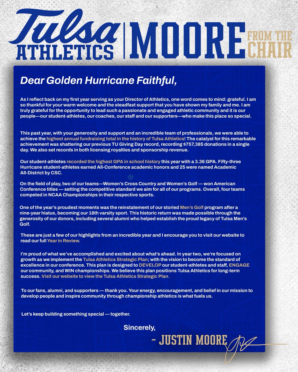 TulsaHurricane's tweet image. Introducing the Tulsa Athletics Strategic Plan from the Chair of Justin Moore.
🗞️Read more: tulsahurricane.com/news/2025/7/21…
#ReignCane