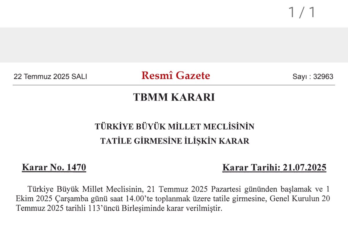 TBMM 1 Ekim'e kadar tatile girdi. 
#meclistatil
#TBMM