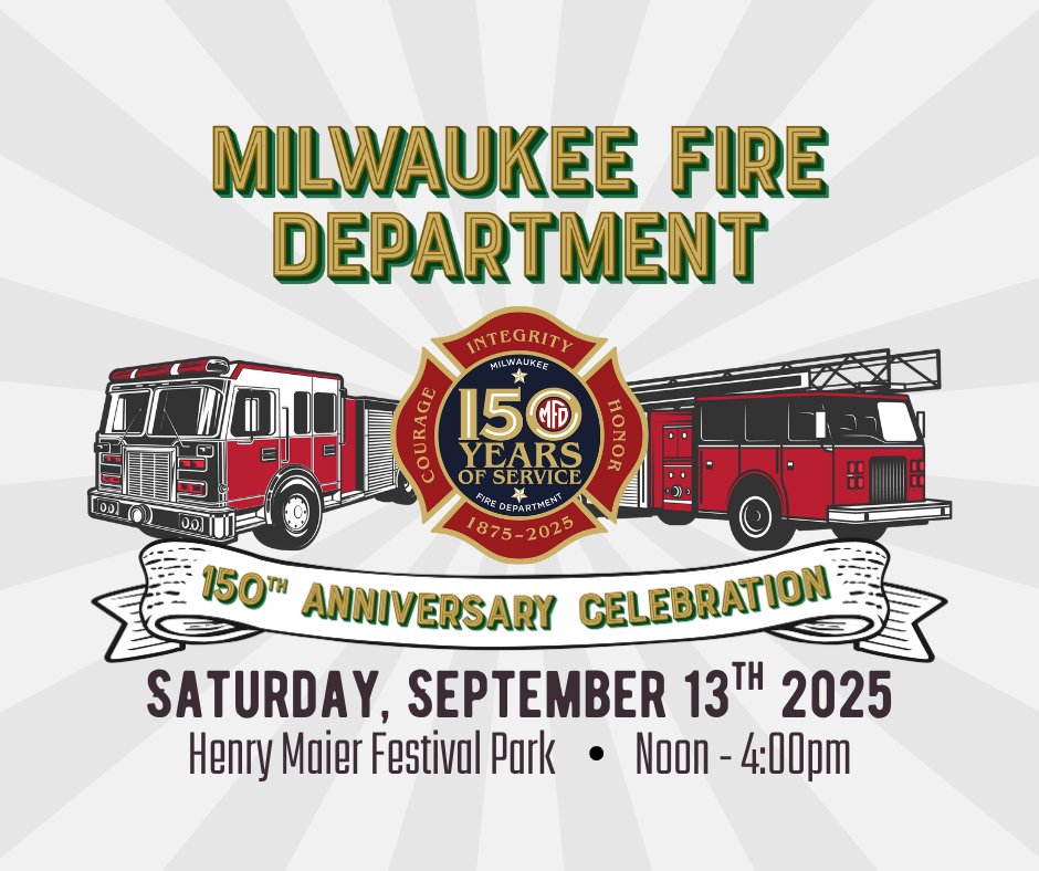 alipski1's tweet image. It&apos;s time to have @MilFireDept&apos;s 150th Birthday Party , folks!  Come one, come all, to the south end of Henry Maier Festival Park on Saturday, September 13th, from 12pm-4pm, FREE ADMISSION, FREE PARKING!!!