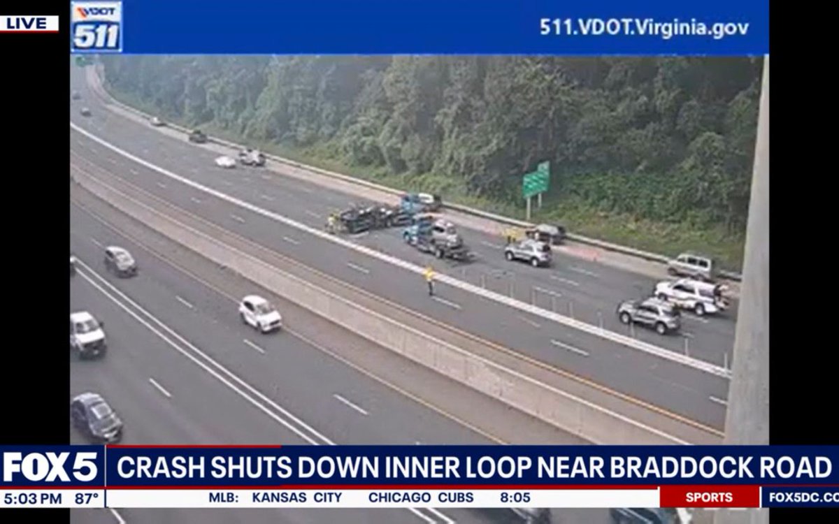 Lokay's tweet image. Traffic alert: inner loop of the Beltway is down to the shoulder after a crash near Braddock Road.