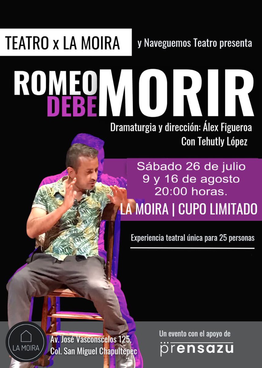 Loyolus 🎭🎬📺🎶 (@soy_loyolus) on Twitter photo “Romeo debe morir”, obra escrita y dirigida por Álex Figueroa. Se presentará los sábados 26 de julio, 9 y 16 de agosto en <a href="/casalamoira/">Casa La Moira</a> a las 20:00 horas.
Con Tehutly López.
¿De que trata? Aquí les digo. 👇🏽 “Romeo debe morir”, obra escrita y dirigida por Álex Figueroa. Se presentará los sábados 26 de julio, 9 y 16 de agosto en <a href="/casalamoira/">Casa La Moira</a> a las 20:00 horas.
Con Tehutly López.
¿De que trata? Aquí les digo. 👇🏽