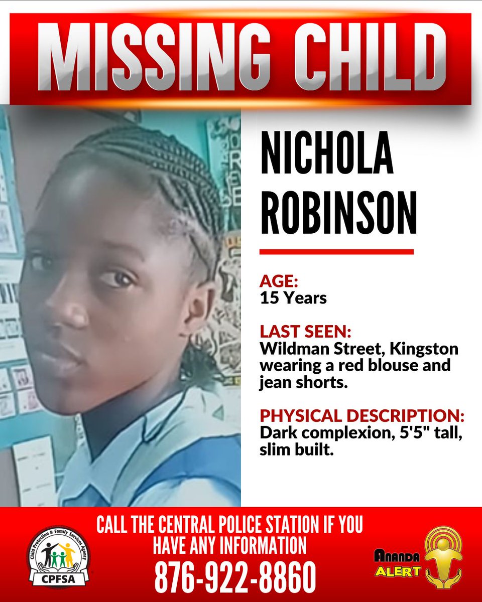 cpfsajm's tweet image. #AnandaAlert
Nichola Robinson, a 15-year-old from Wildam Street, Kingston, has been reported missing. She was last seen on July 16, 2025.
If you have any information that could assist in her safe return, contact the Kingston Central Police or the CPFSA.