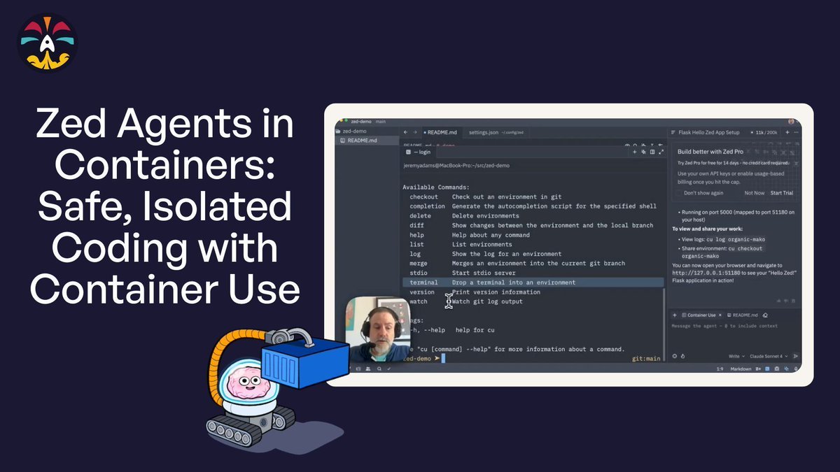 zeddotdev's tweet image. Thanks to Container Use (powered by @dagger_io) you can now run AI agents in Zed with full write access safely. Agents can write, test, and even run apps, all within their own containerized environments, on separate Git branches.
Check out the demo: youtube.com/watch?v=wUDhxV…