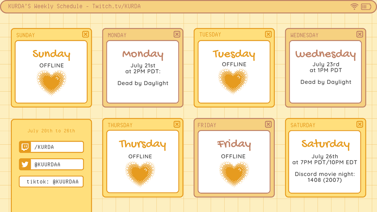 KUURDAA's tweet image. My schedule this week which means yes, I am live right now!! link below ✨