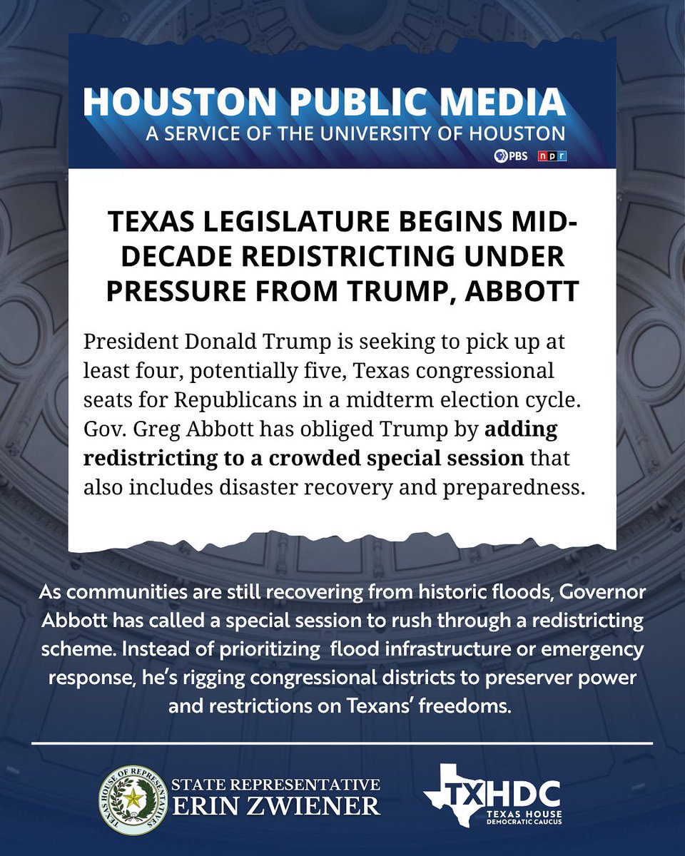 ErinForYall's tweet image. The special session began today & Governor Abbott is once again putting Trump’s agenda ahead of TX. Instead of focusing on flood recovery, Abbott is using this session to rig congressional maps. Texans deserve leaders who put our communities first, not political games. #txlege