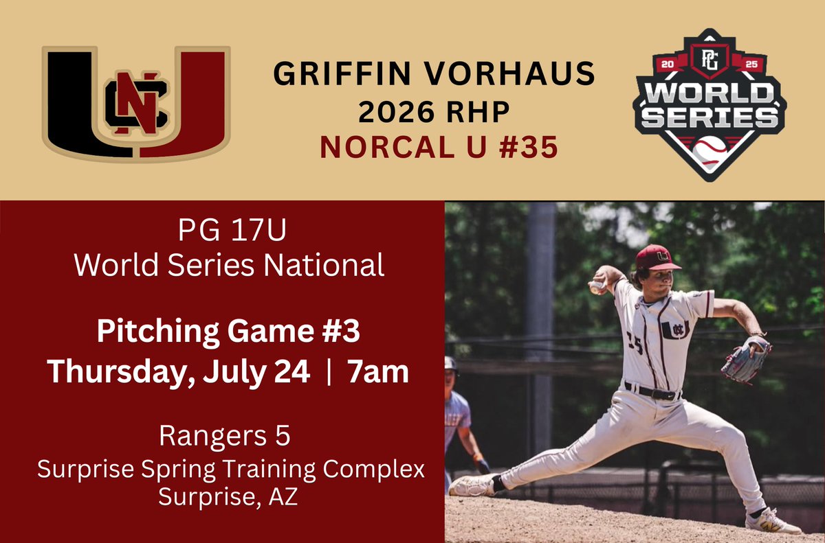 Griffin Vorhaus (@griffinvorhaus) on Twitter photo Can’t wait to get after it one more time with my NorCalU 2026 teammates this week in AZ.
<a href="/NorCalU1/">NorCalU</a> <a href="/NorCalBaseball/">Tony Crivello</a> <a href="/cysimonton5/">Cy-Leon Simonton</a> <a href="/Qs_keepers10/">Shawn McHugh</a> <a href="/JBRhodesIII/">Billy Rhodes</a> <a href="/California_PG/">Perfect Game California</a> <a href="/PG_Scouting/">Perfect Game Scout</a> Can’t wait to get after it one more time with my NorCalU 2026 teammates this week in AZ.
<a href="/NorCalU1/">NorCalU</a> <a href="/NorCalBaseball/">Tony Crivello</a> <a href="/cysimonton5/">Cy-Leon Simonton</a> <a href="/Qs_keepers10/">Shawn McHugh</a> <a href="/JBRhodesIII/">Billy Rhodes</a> <a href="/California_PG/">Perfect Game California</a> <a href="/PG_Scouting/">Perfect Game Scout</a>