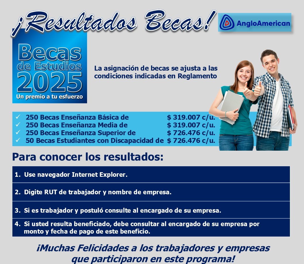 📢 Ya están disponibles los resultados de las Becas Anglo American 2025.
Consulta si fuiste beneficiado aquí 
👉 multibien.cl/resultados-bec…
#BecasAnglo #LosBronces