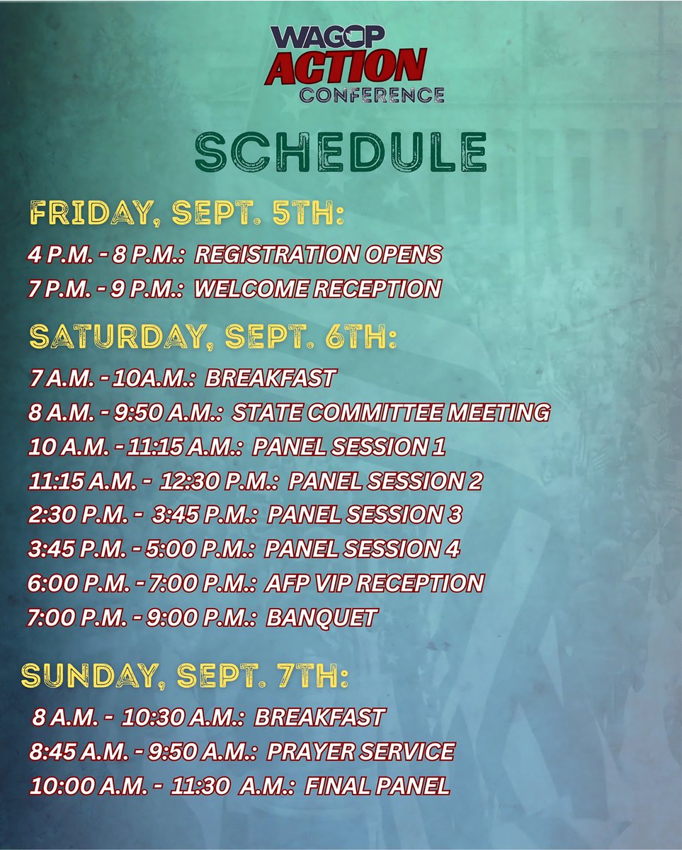 WAGOP's tweet image. Sept. 5th - 7th.
WAGOP is determined to take back WA state w/ common sense policies that are good for families, jobs, and wages. A committed infrastructure of grassroots activists will help us accomplish this goal. For tickets to the 2025 WAGOP Action Conference, click on the…