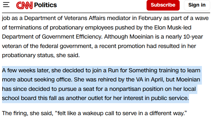 runforsomething's tweet image. Tina Moeinian, 37, was wrongfully fired from her federal job under Trump. Now? She’s one of 60K+ stepping up to run for office with us.
As RFS President @amandalitman says: A run for office is “a specific and practical way to push back.”
Your turn. 👇 #RunForSomething