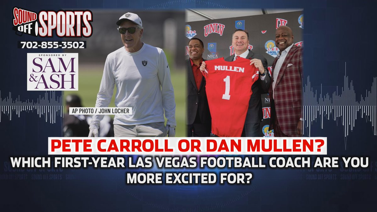 silverstsports's tweet image. Pete Carroll or Dan Mullen?
Football season is fast approaching, and two first-year coaches are looking to make a name for their teams in Las Vegas.
Which are you more excited to watch this season?
Call-in now!
#RaiderNation #UNLV
📺: Sound Off Sports
📞: (702) 855-3502