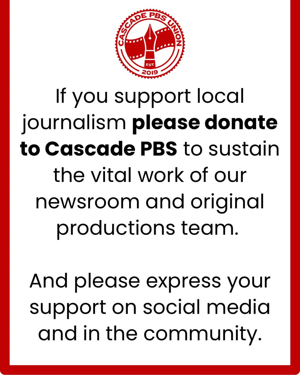 CascadePBSUnion's tweet image. Thank you so much to everyone who stood by us in our contract fight. Now we’re asking for our community to stand by us in this critical moment for public media. Visit cascadepbs.org/donate to join the fight to sustain local journalism.