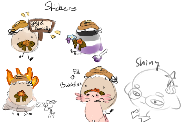 Stickers we did on stream today!! Just sketched and they'll look better on the final BUT so excited to give you these at bgs :,D