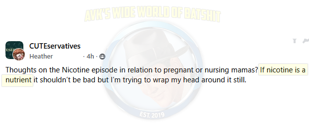 VaxxersAnti's tweet image. Literally everyone on planet earth: "Don't smoke or use nicotine patches when pregnant"
Women of MAGA: "Let's not be hasty..."