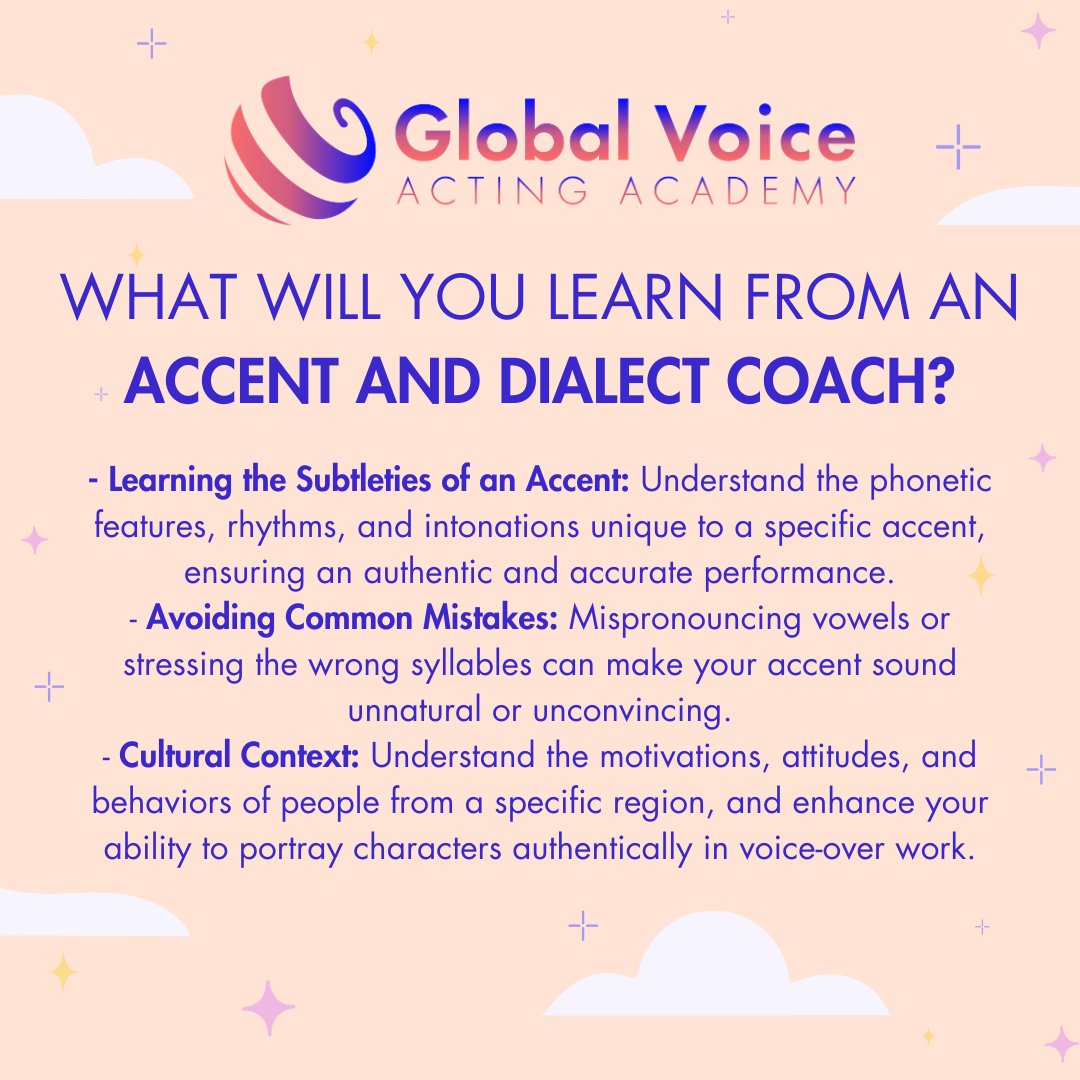 An accent coach helps you sound authentic, avoid common slip-ups, and bring characters to life with depth and accuracy.

Book a session with one of our coaches now to perfect them ✨ 

🔗 bit.ly/accent-dialect

#VO #VoiceActing #VoiceOver #VOAccents #Dialects