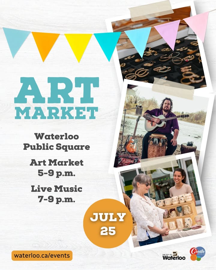 🎨 Join us this Friday, July 25 for an evening of local art, music, and handmade finds in Waterloo Public Square!

🛍️🎶 Shop from 20 local artists, crafters, and makers while enjoying live music by local musicians.

⏰ Market: 5–9 p.m. | Music: 7–9 p.m.
📍 75 King St S, Waterloo