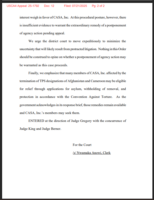 JoSHSHoomaker's tweet image. Last week, the 4th Circuit Court of Appeals temporarily delayed the effective end date for Afghanistan's TPS designation. Today, the court decided it's now letting the designation expire. Still, the court acknowledged that the Afghans likely had a strong argument.