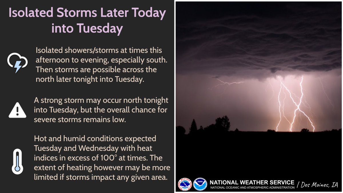 NWSDesMoines's tweet image. A few isolated storms are possible (~20-25% chance) this afternoon into evening, especially south, and tonight into the overnight mainly in the west/northwest. Although a strong storm could occur in the northwest tonight, the chances overall for severe storms remains low. #iawx