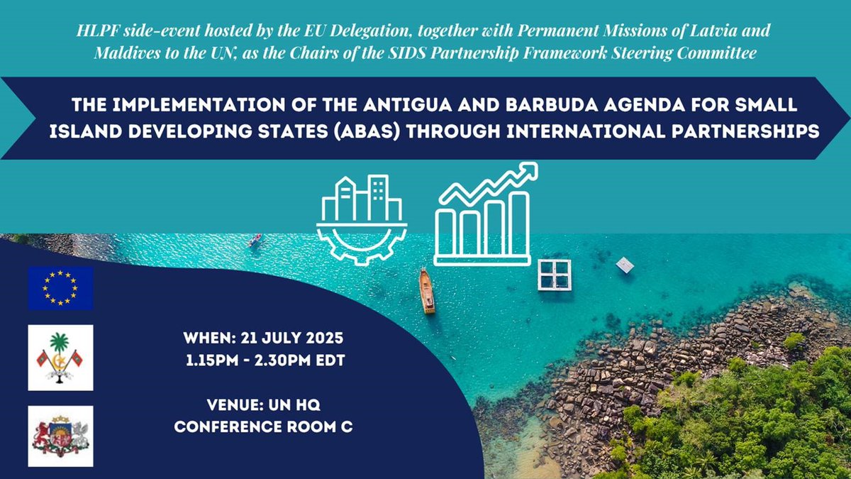 EUatUN's tweet image. For the 🇪🇺EU, the Antigua &amp;amp; Barbuda Agenda #ABAS is our mutual commitment grounded in shared values &amp;amp; global solidarity.

Today @EUAmbUN co-hosted an #HLPF side event w/🇱🇻Latvia &amp;amp; 🇲🇻Maldives, a first step to transform ABAS from promise into practice, including via #GlobalGateway.