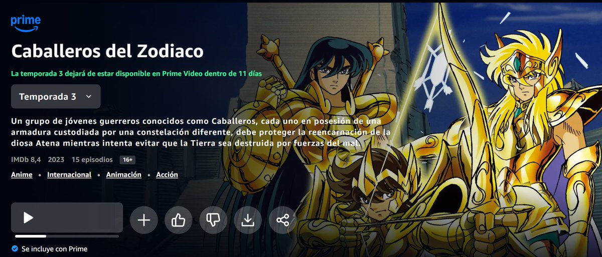 universosaintse's tweet image. El Anime clásico de Saint Seiya dejara de estar disponible en el catálogo de Prime Video el próximo 1 de agosto.