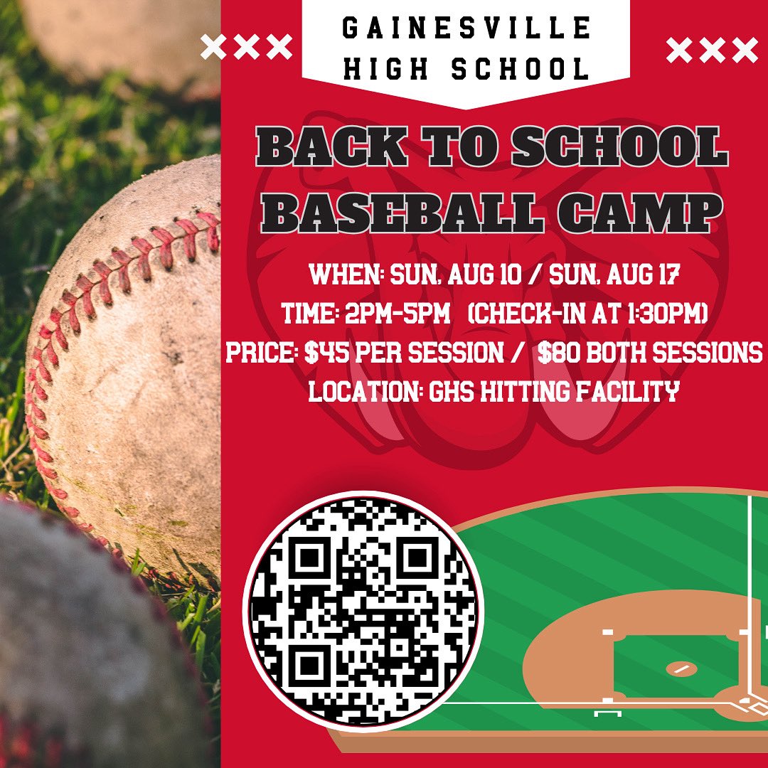 Join us for our back to school baseball sessions! We will host 2 sessions with each one being different! We hope you can make it! 
 
Use the QR CODE or the link below to sign up! 

docs.google.com/forms/d/1Z7pV_…

#GBR | 🔴🐘⚾️