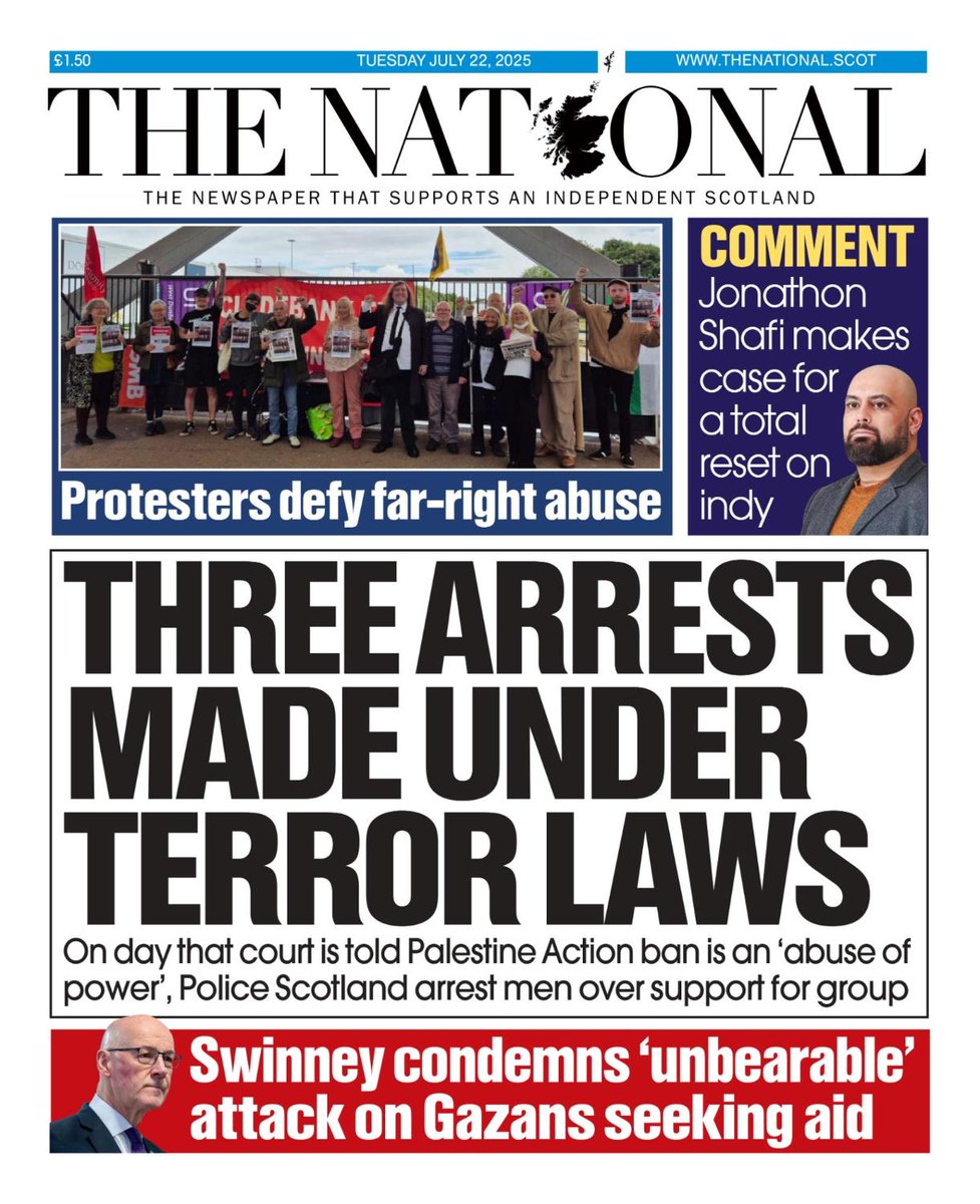 ScotNational's tweet image. Tomorrow's front page 📰
Three arrests made under terror laws