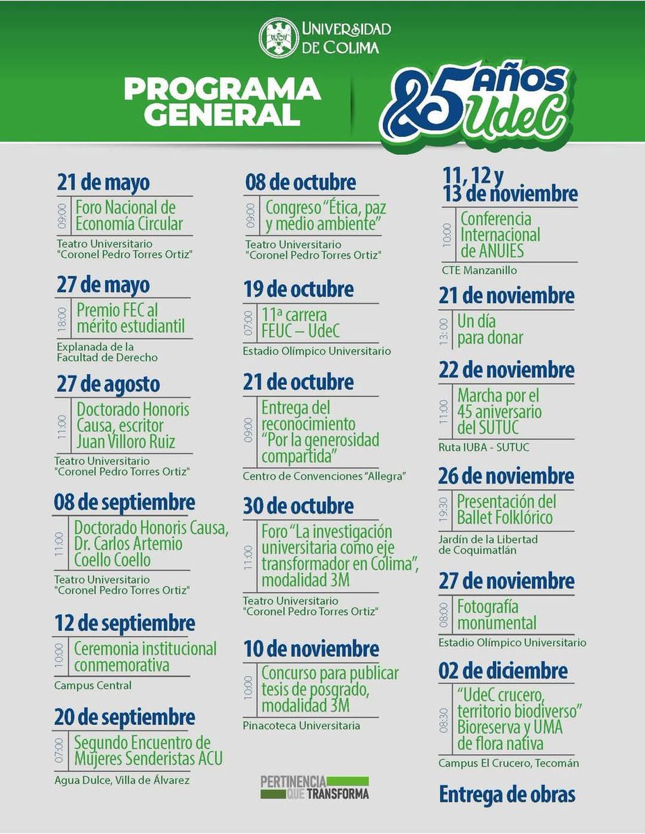 ¿Ya conocen el programa general por los 85 años de la Universidad de Colima? <a href="/udec_oficial/">Universidad de Colima</a> 
El 27 de agosto será reconocido con el Doctorado honoris causa el escritor Juan Villoro <a href="/JuanVilloro56/">Juan Villoro</a> 
<a href="/colegiodecolima/">El Colegio de Colima</a> felicita a la UdeC por este extraordinario programa de festejos.