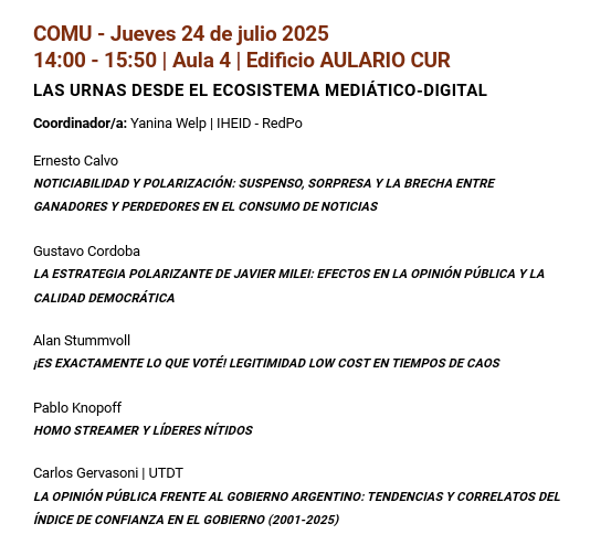 Ciencia Política - UBA (@cpoliticauba) on Twitter photo 👉Ernesto Calvo (<a href="/ecalvo68/">Ernesto Calvo 💚</a>) expondrá “Noticiabilidad y polarización: suspenso, sorpresa y la brecha entre ganadores y perdedores en el consumo de noticias” en la mesa “Las urnas desde el ecosistema mediático-digital” coordinado por Yanina Welp (<a href="/Welpita/">Yanina Welp</a>) 👉Ernesto Calvo (<a href="/ecalvo68/">Ernesto Calvo 💚</a>) expondrá “Noticiabilidad y polarización: suspenso, sorpresa y la brecha entre ganadores y perdedores en el consumo de noticias” en la mesa “Las urnas desde el ecosistema mediático-digital” coordinado por Yanina Welp (<a href="/Welpita/">Yanina Welp</a>)