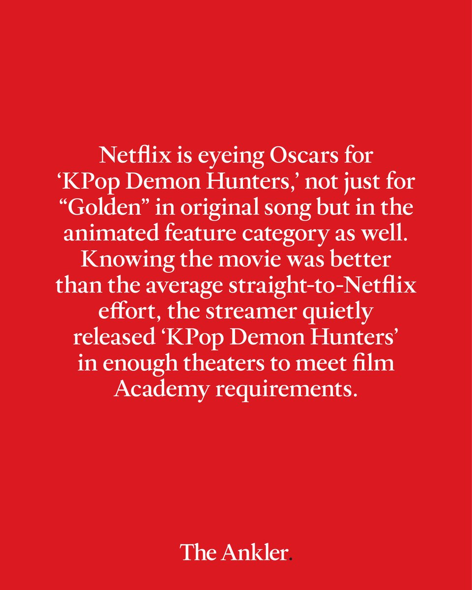 TheAnkler's tweet image. Netflix’s KPop Demon Hunters is pushing for Oscar attention in animated feature and original song. The chart-topping film has quietly met Academy eligibility. Plus: Desi Lydic chats Emmy noms for Desi Lydic Foxsplains and the future of The Daily Show theankler.com/p/kpop-demon-h…